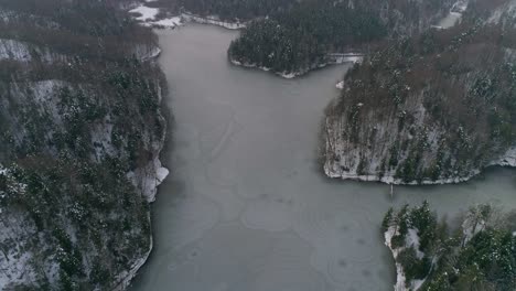 Aerial-shot-of-frozen-lake-surrounded-by-forest-at-winter