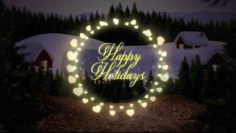 Happy-holidays-text-over-heart-shaped-fairy-lights-against-winter-landscape-with-house-and-trees