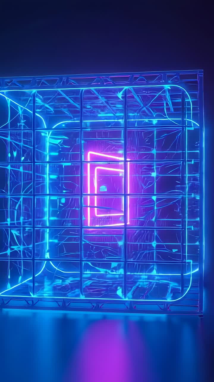 Vertical video: Orbiting camera revealing neon cube in dark studio, showing pulsing magenta square