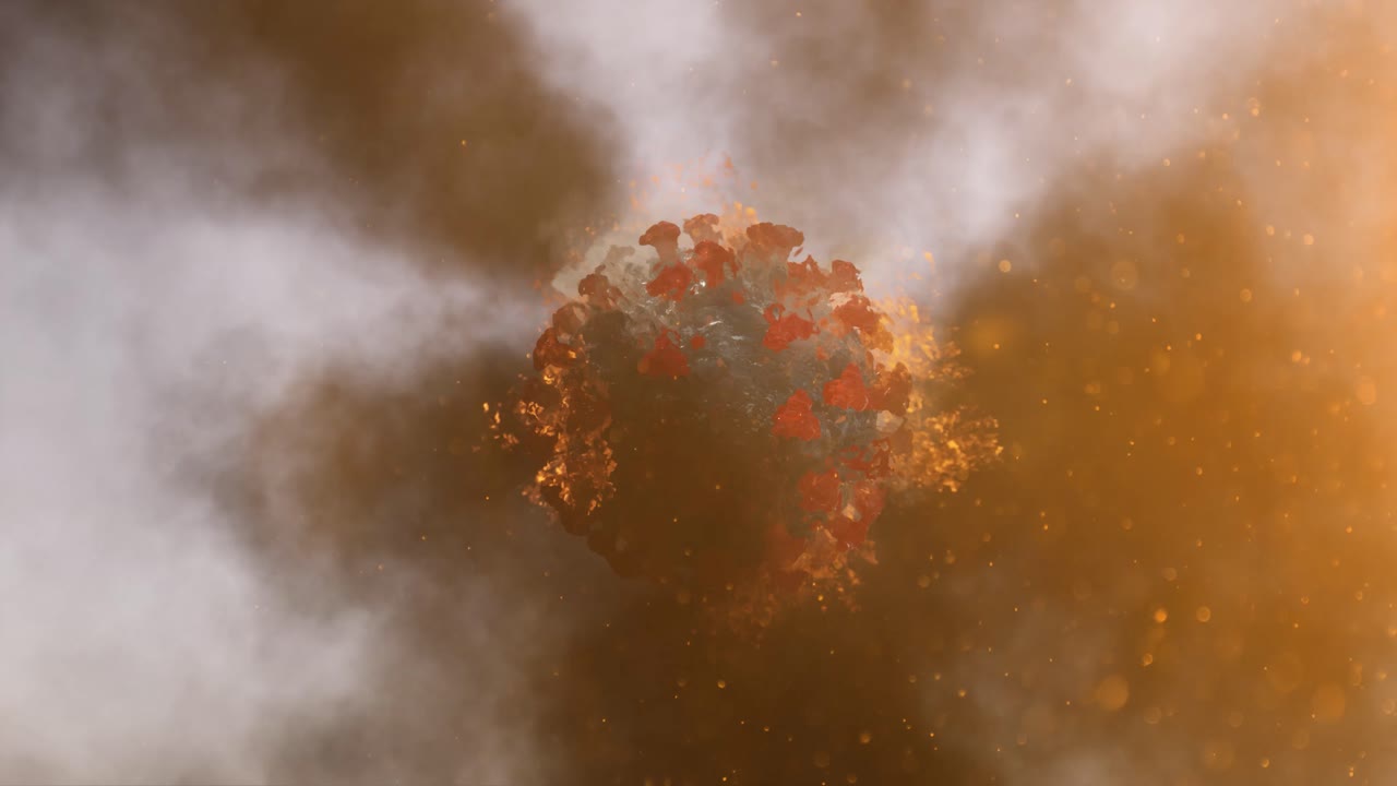 animación 3d realista del virus en el fuego. la vacuna mata el virus. destrucción del virus