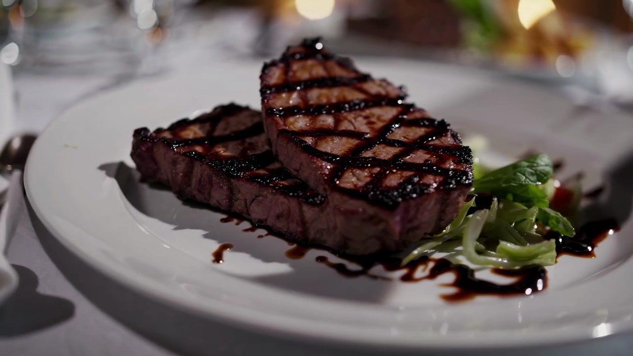 Cena con bistecca alla griglia servita su un tavolo da ristorante elegantemente apparecchiato