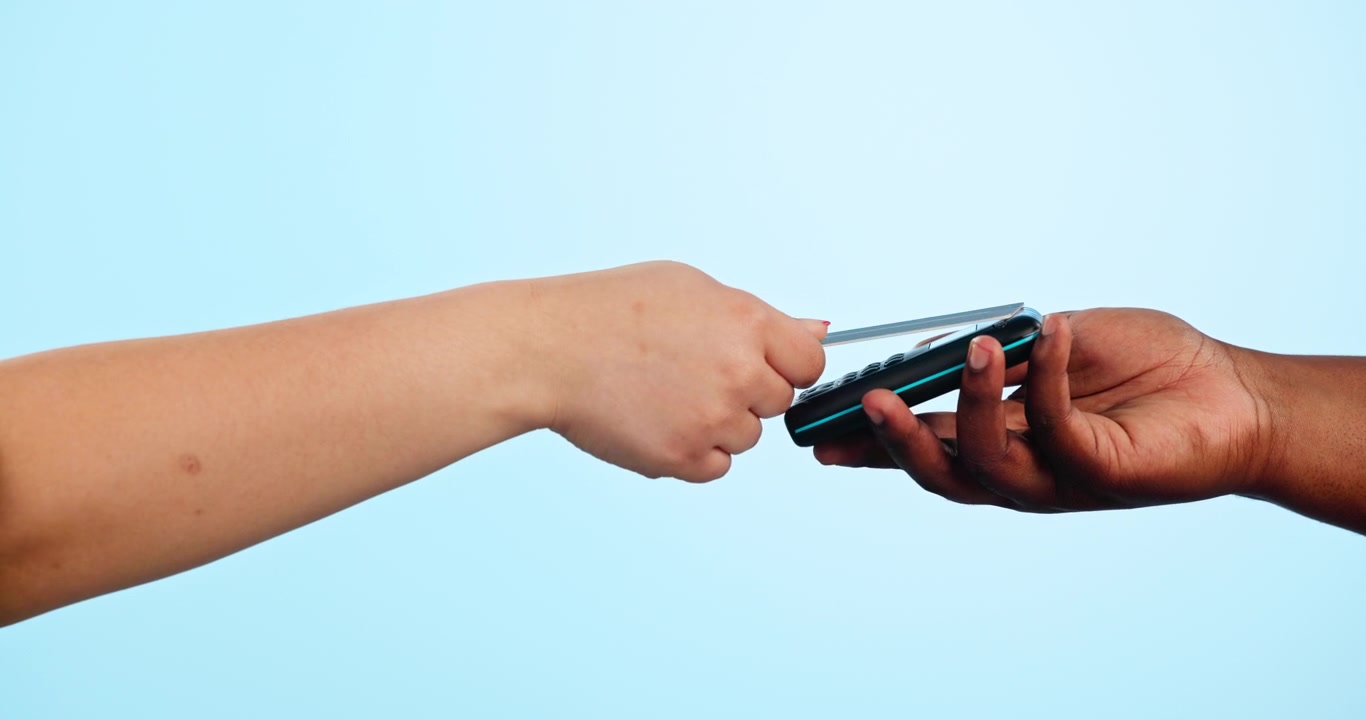 People, hands and credit card on pos machine