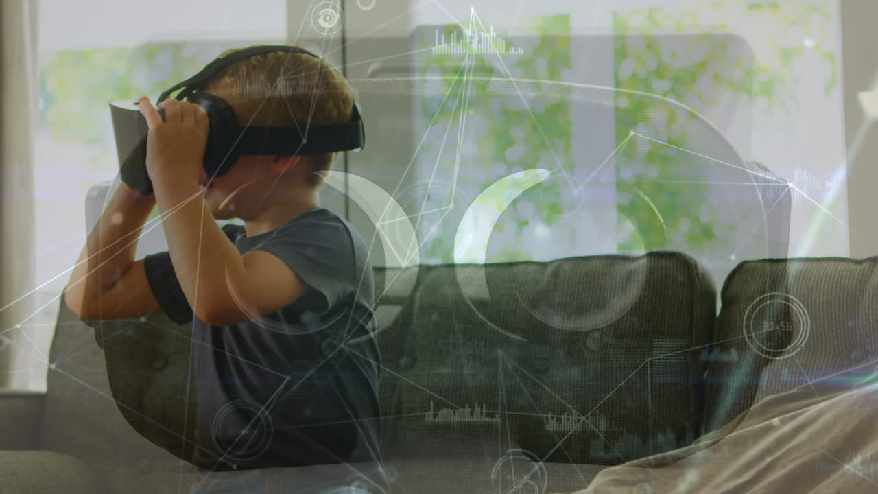 animación del procesamiento de datos sobre un niño caucásico usando auriculares vr