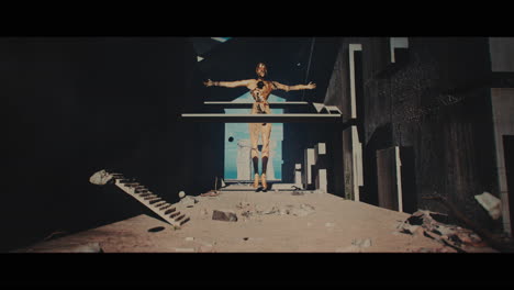 floating figure in a post-apocalyptic cityscape
