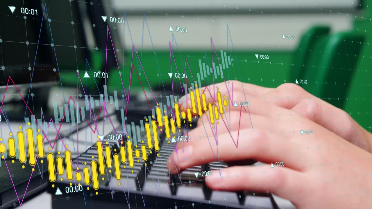 컴퓨터를 사용하는 백인 여학생에 대한 데이터 처리의 애니메이션