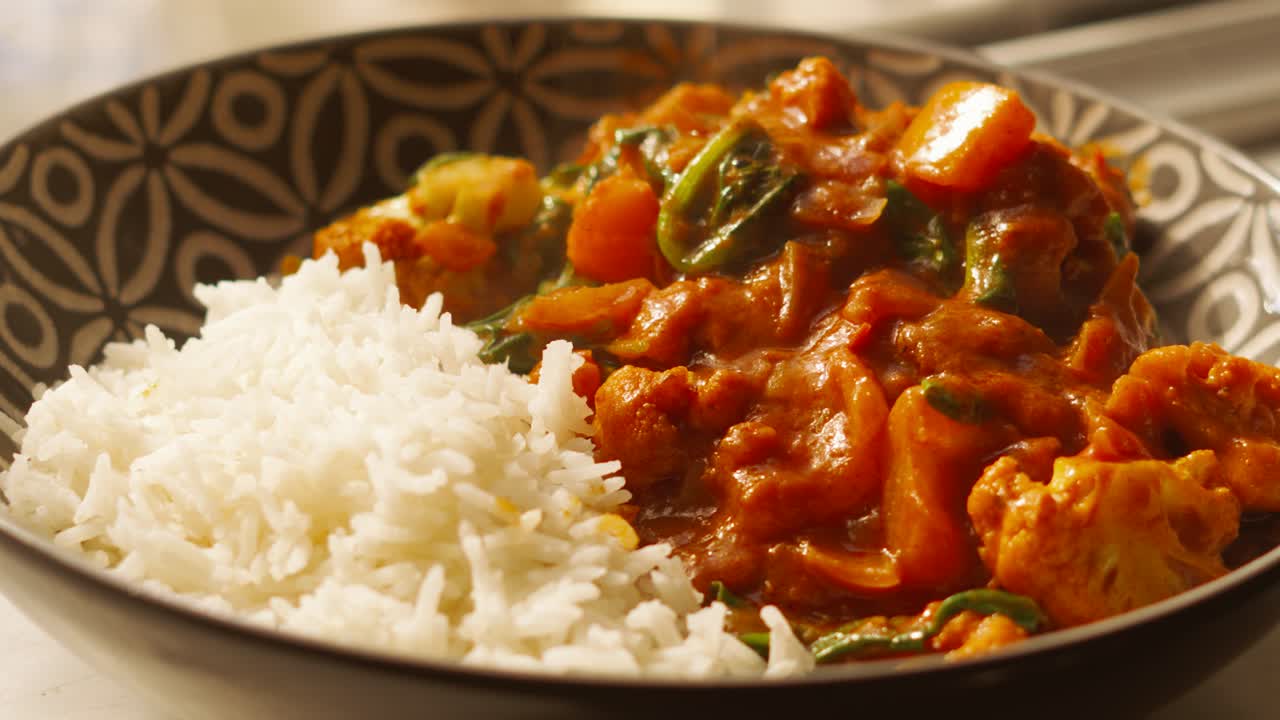 ángulo de vista superior medio de vegetales recién cocidos tikka masala curry con arroz basmati tradicional con curry que contiene coliflor, espinacas, pimientos, cebollas - imágenes de alta calidad de 4k