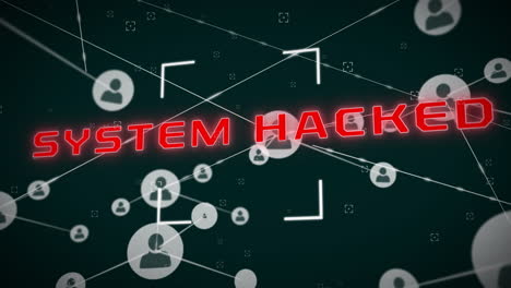 animación de texto hackeado del sistema, red de conexiones con íconos y procesamiento de datos