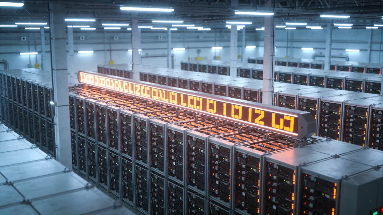 Switching overhead LED module displaying scrolling text above server racks, indicating status