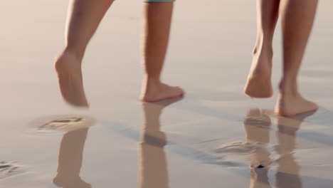 Couple-feet,-walking-and-beach-sand-steps