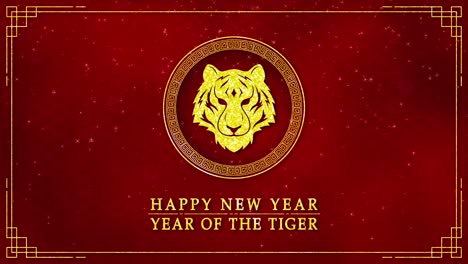 motion graphic of golden tiger logo with chinese new year and year of the tiger 2022 on dark red background and glitter particle in a happy new year concept seamless loop video