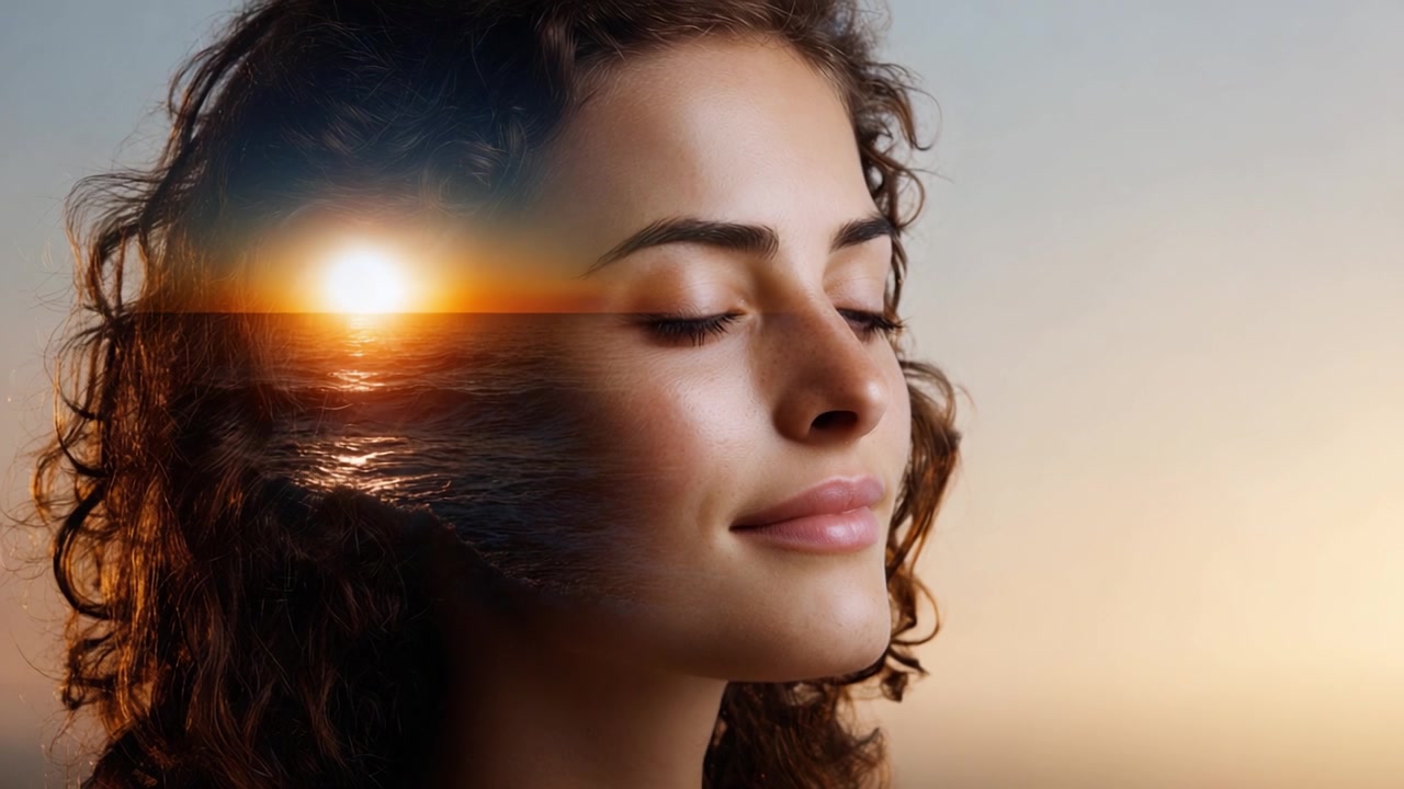 Serenità e Tranquillità: Un Ritratto di Pace Interiore mentre una Donna si Gode un Tramonto sull'Oceano, Fondendo Natura ed Emozione in un'Esperienza Visiva Mozzafiato.
