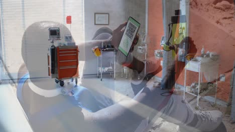composición de un hombre afroamericano sosteniendo un teléfono inteligente con código qr en la pantalla contra el hospital