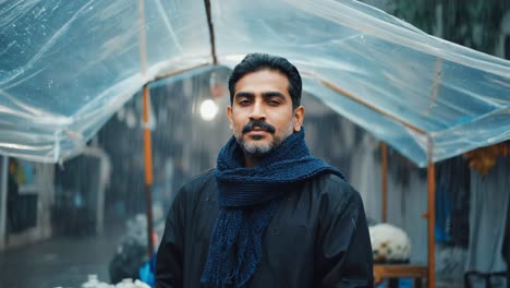 confident street vendor wearing a blue scarf and black jacket smiles under a makeshift plastic roof while working on a rainy day at an outdoor market