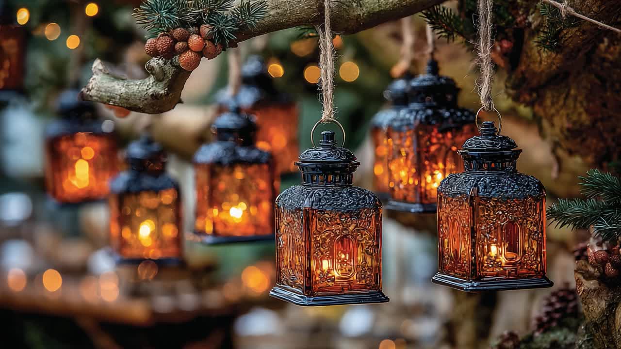 Illuminating Charm: A Beautiful Display of Vintage Lanterns Hanging Elegantly Amidst Nature, Creating a Warm and Inviting Atmosphere with Soft Glow in a Magical Setting