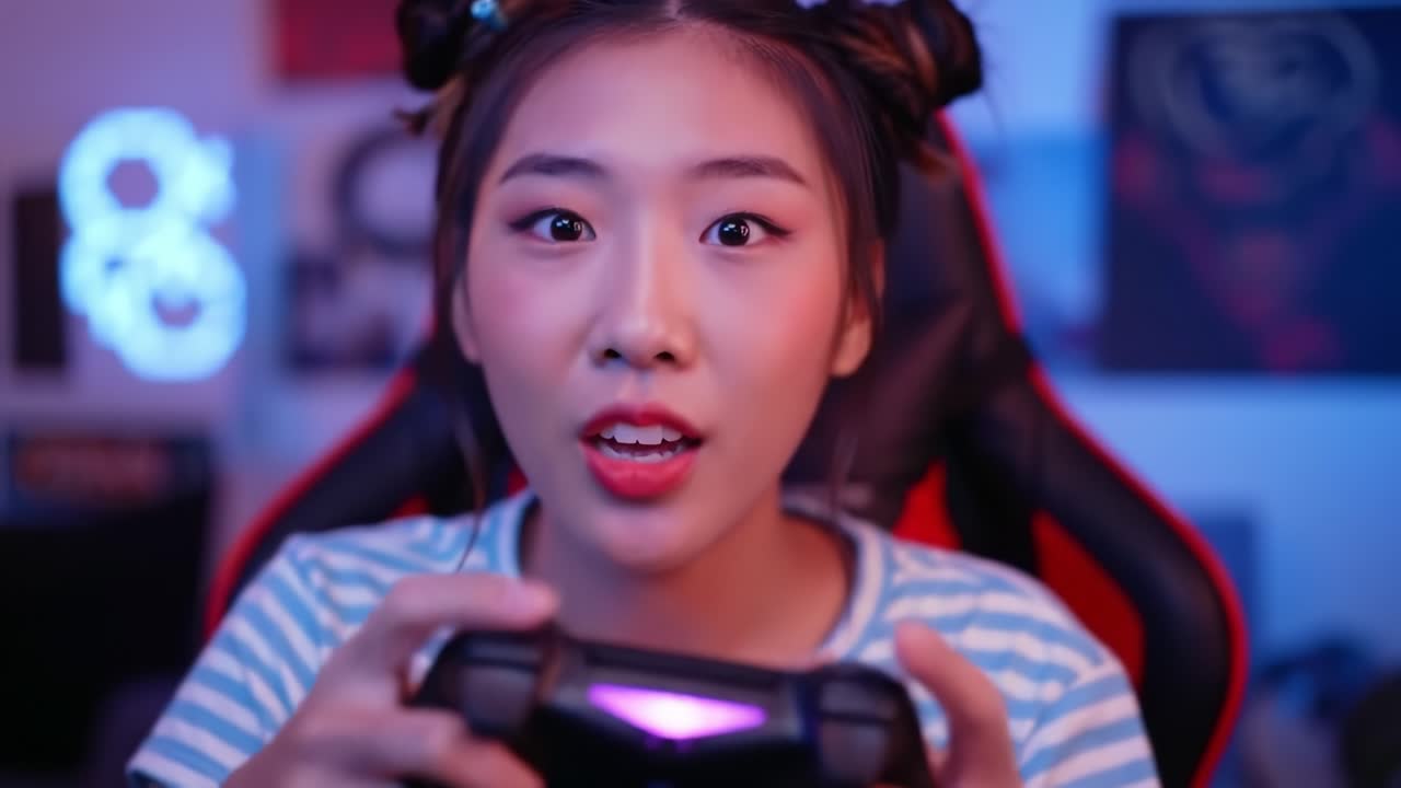 Exciting Gamer Moments: A Thrilling Journey through Competitive Gaming with a Focused Gamer in a Vibrant Room Full of Tech and Ambience