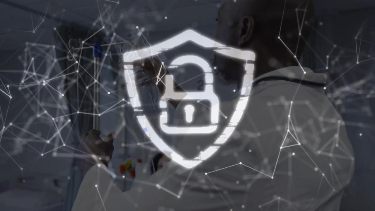 Doctor checking IV line while health overlay condensing lock shield making over scene securing data