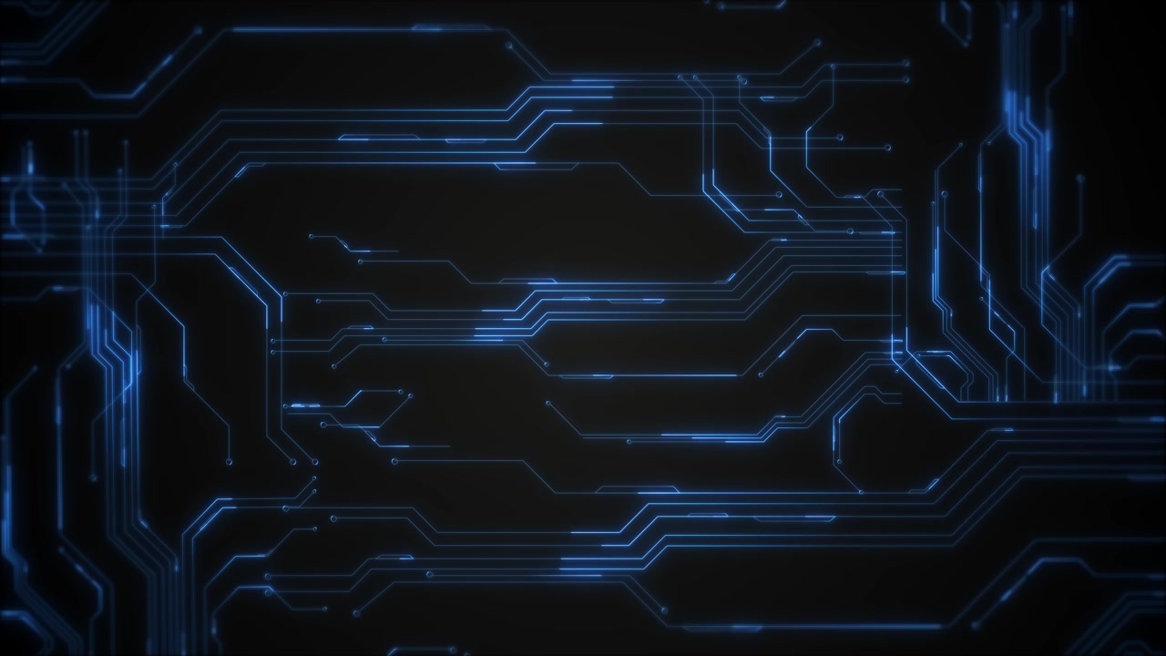 Blue circuit board background with glowing electronic lines dark empty center futuristic technology