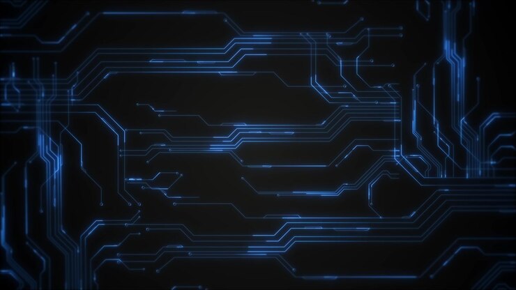 Sfondo blu con circuito stampato e linee elettroniche luminose, centro scuro e vuoto, tecnologia futuristica