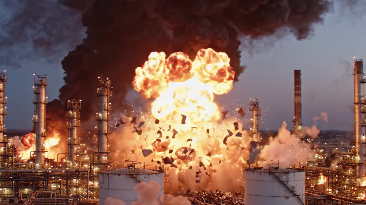 Ein katastrophales Feuer verschlingt eine riesige industrielle Ölraffinerie, zeigt lodernde Flammen und aufsteigenden Rauch, die die Gefahren industrieller Operationen und deren Umweltauswirkungen hervorheben.