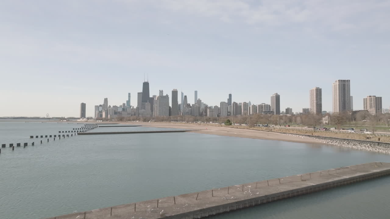 Aerial view of Chicago and Lake Michigan at sunrise.