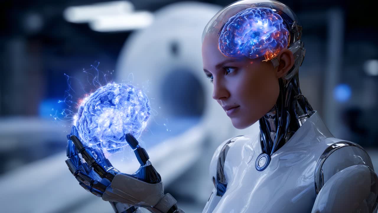 A futuristic humanoid robot delicately holds a glowing, electric orb in its hand, representing advanced artificial intelligence and cutting-edge technology
