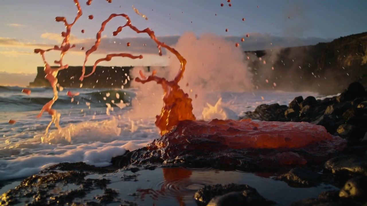 Gelombang yang datang bertabrakan dengan lahar cair yang mengalir di pantai berbatu, menghasilkan kepulan uap dan busa.
