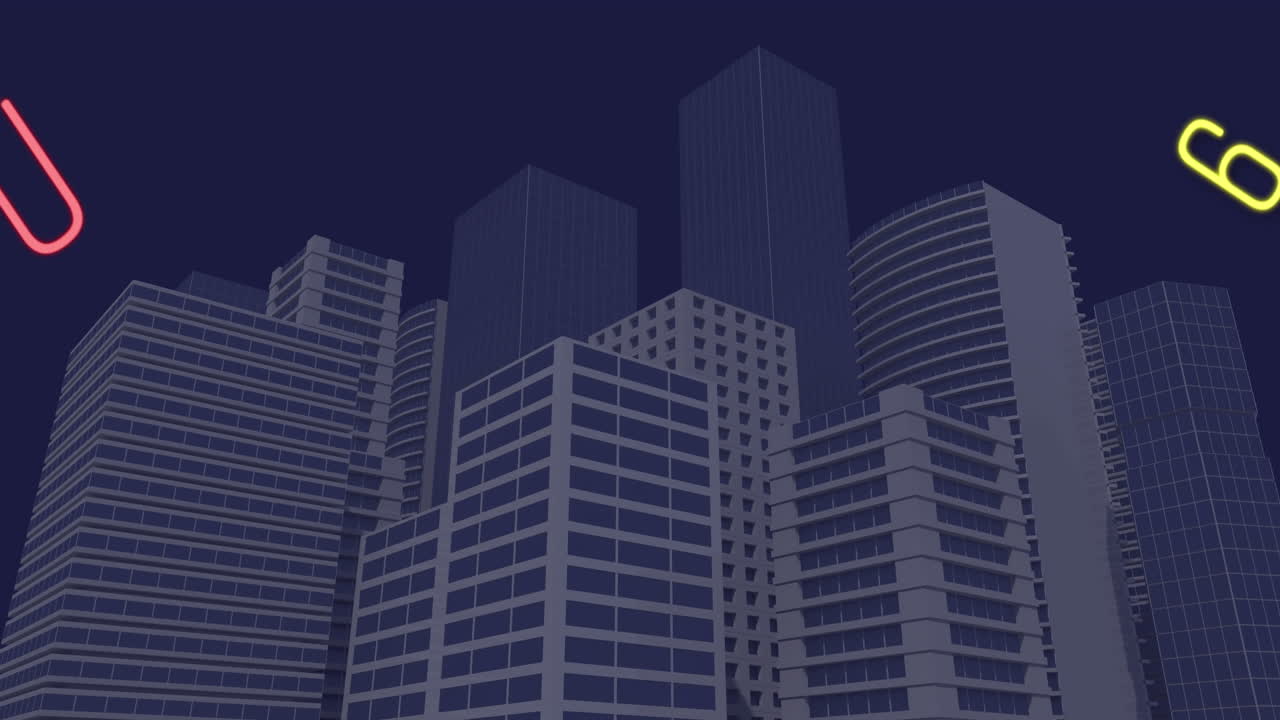 Animazione di numeri e lettere che cadono su panorama urbano