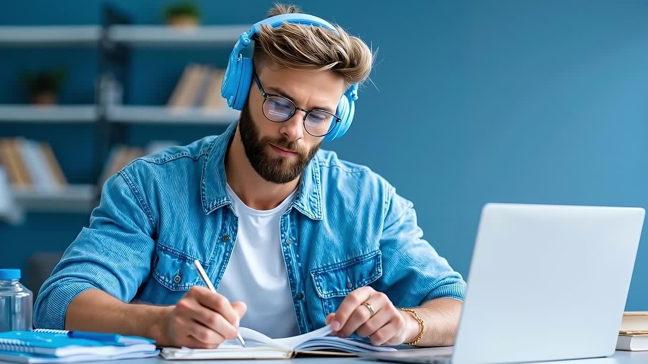 En mand, der sidder ved et skrivebord med en bærbar computer og hovedtelefoner på