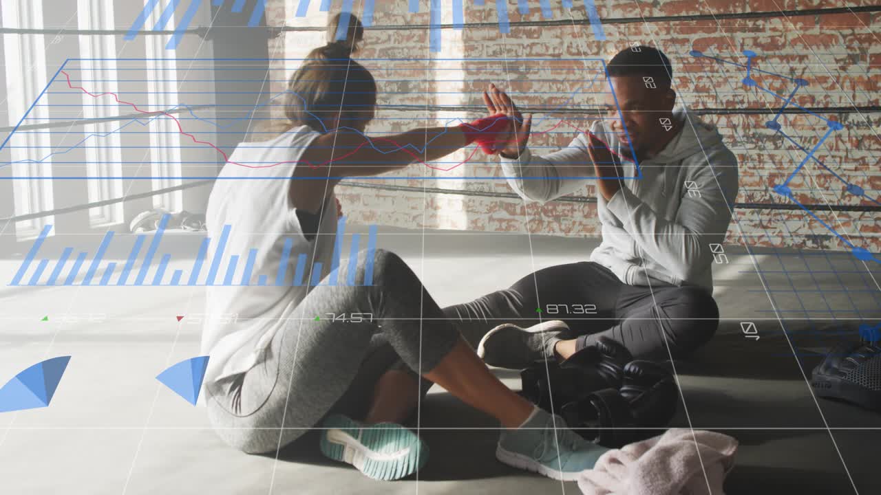 Woman trainee throwing straight punch, male guiding palm, fitness drill with blue charts overlaying