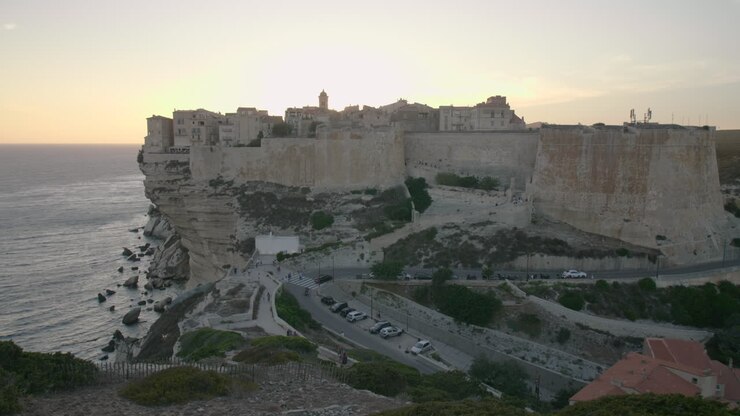Bonifacio, Corsica: tramonto sulla scogliera, Mar Mediterraneo con centro storico e paesaggio costiero