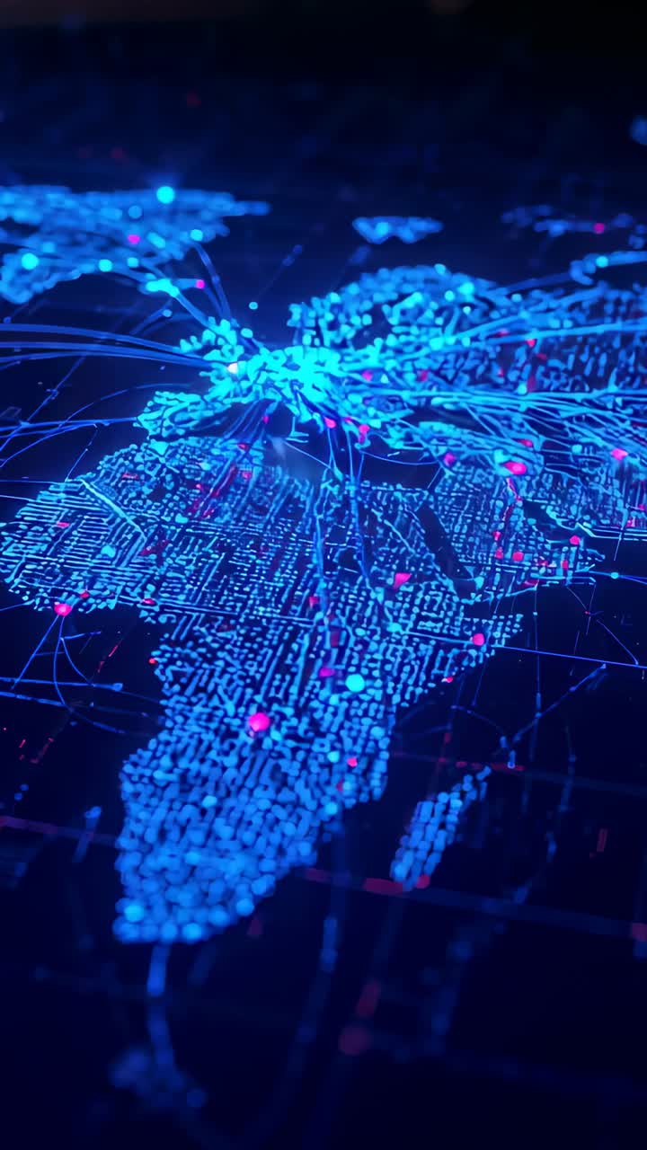Vertical video: Pulsing central node sending connector lines over neon map of Africa, linking nodes