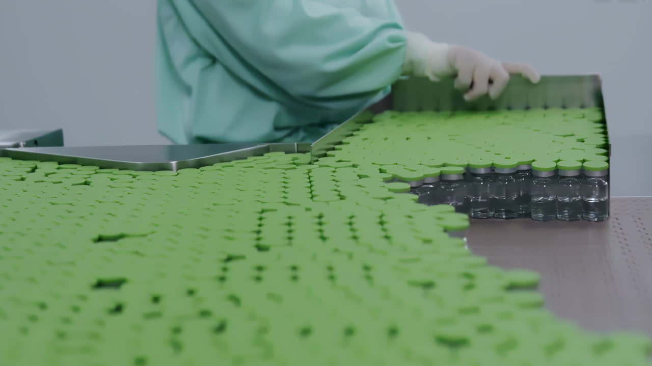 Female pharmaceutical worker in blue uniform inspecting medicine amber glass vials on production line in clean laboratory environment, showcasing quality control in modern drug manufacturing