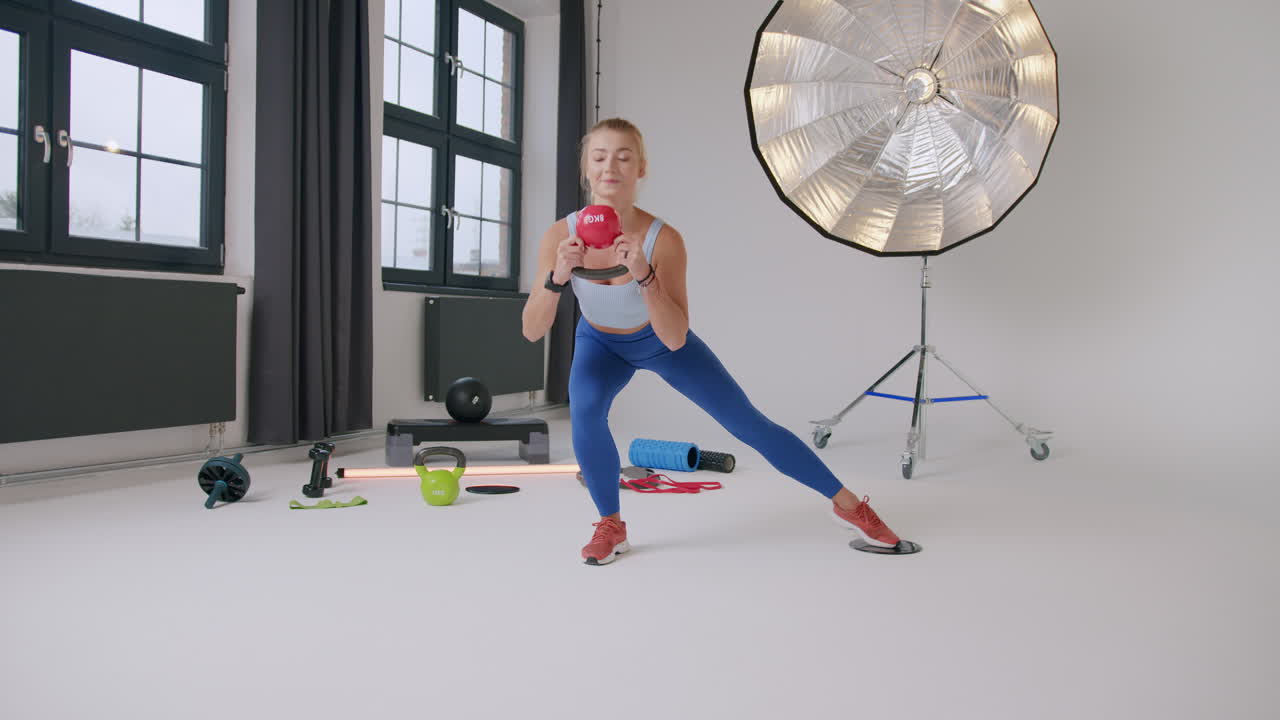 una joven y hermosa mujer caucásica hace ejercicio en el estudio privado del gimnasio