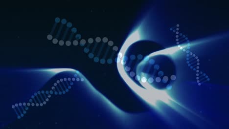 Animation-of-3-dna-structures-spinning-over-glowing-light-trails-against-blue-background