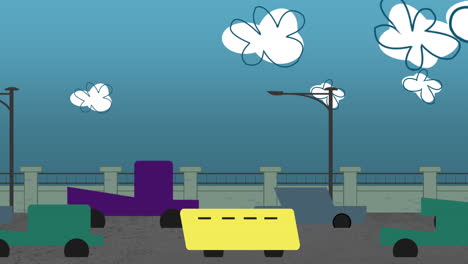 Cartoon-animation-background-with-motion-clouds-and-cars-on-road