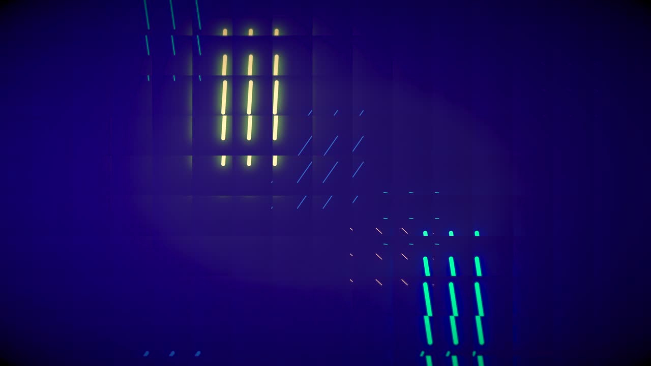 una compleja pared de luces que se mueve como impulsos eléctricos, encontrando otras partículas, detrás de una cortina de efecto cuadrícula transparente.