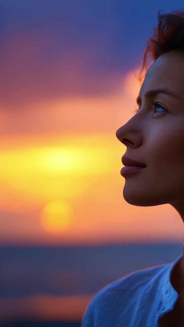 Contemplation at Dusk: A Serene Profile of a Thoughtful Woman Gazing at a Vibrant Sunset Over the Ocean, Capturing a Moment of Reflection and Peace.