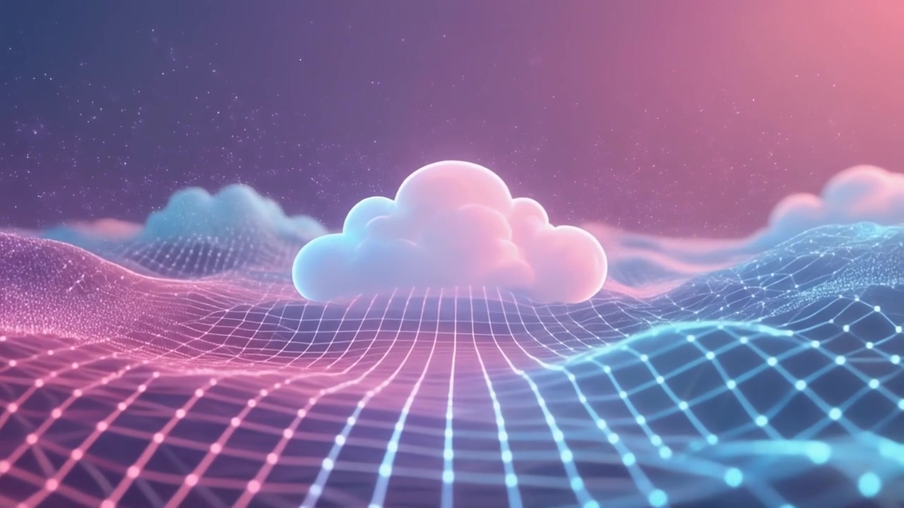 Abstract Digital Cloud Floating Above a Glowing Data Network Landscape