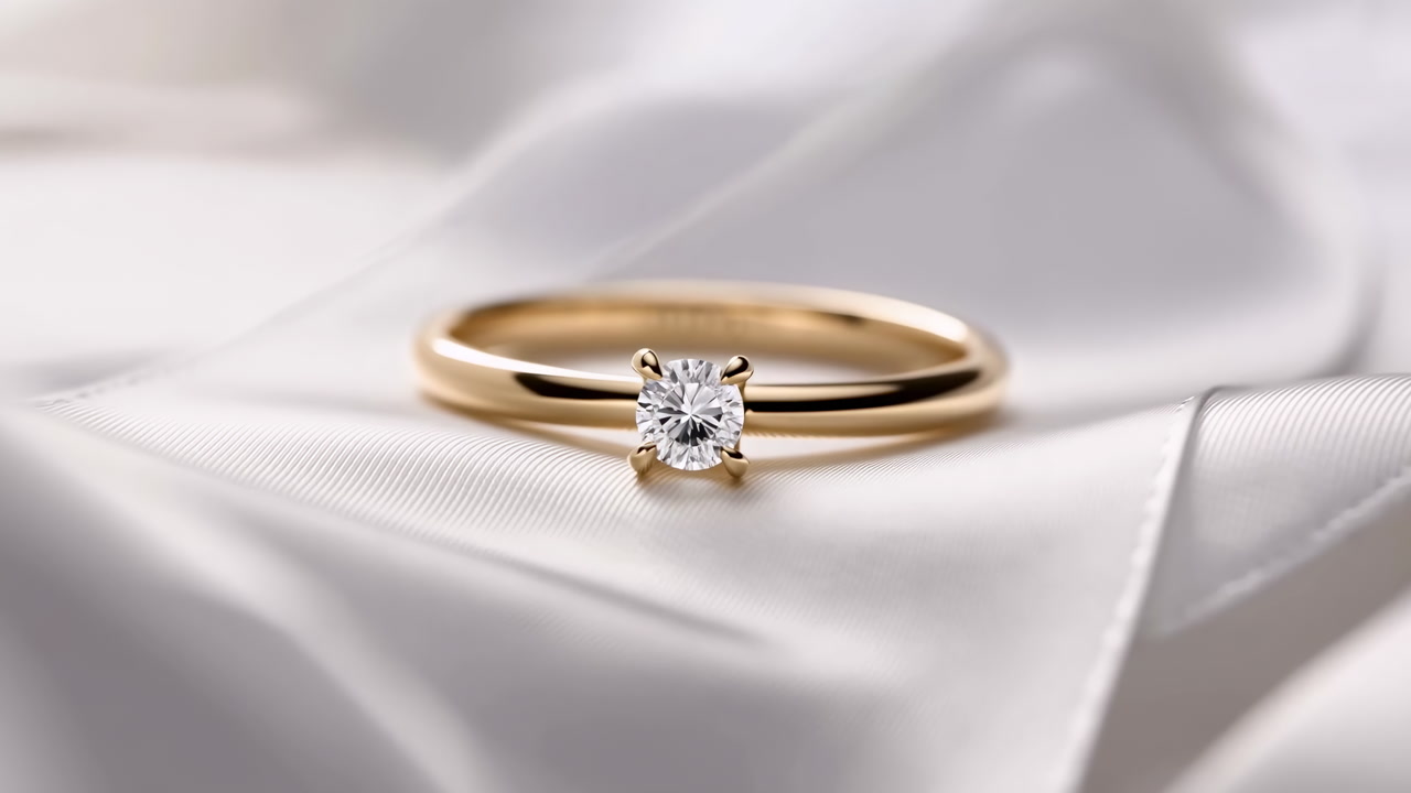Gold Solitaire Diamond Ring On Satin Fabric, Studiolit Close Up Showing Sparkling Facets, Soft Highlights,