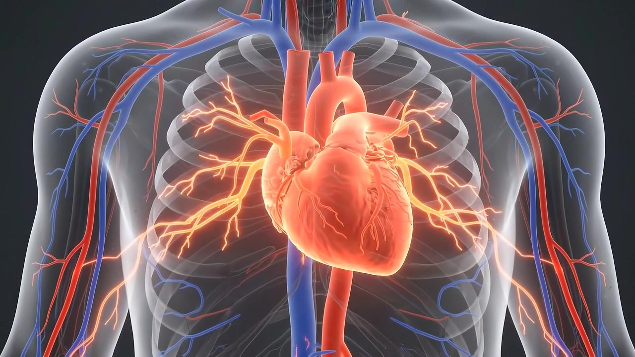 Full digital human body with glowing heart highlighted in chest in medical view