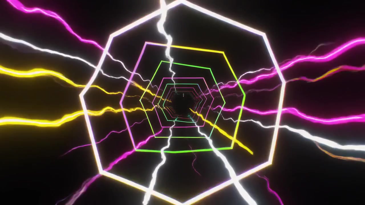Tunnel esagonale al neon astratto con fulmini luminosi