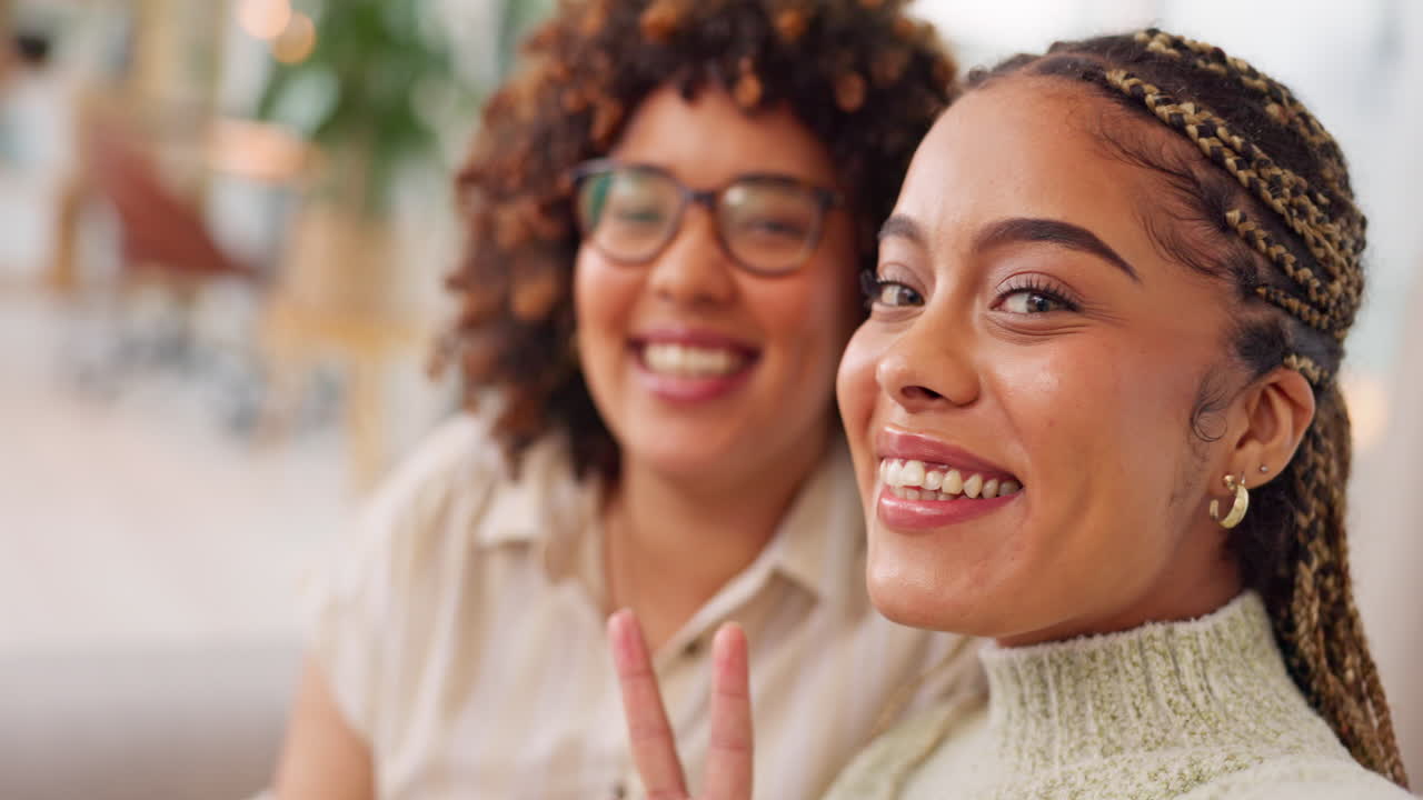Woman, friends and peace sign for selfie