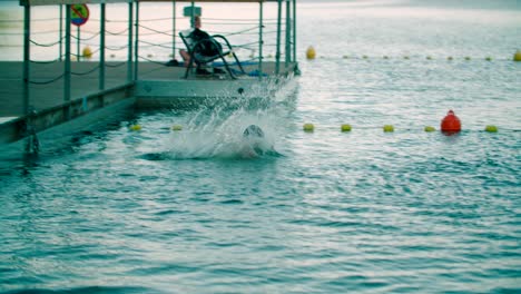 View-of-a-Caucasian-kid-runs-jumping-into-the-lake-from-the-wooden-pier