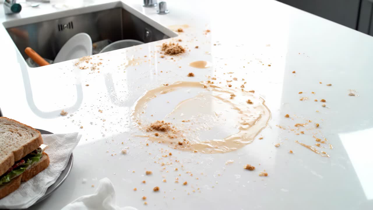 Messy Kitchen Countertop with Spill and Food