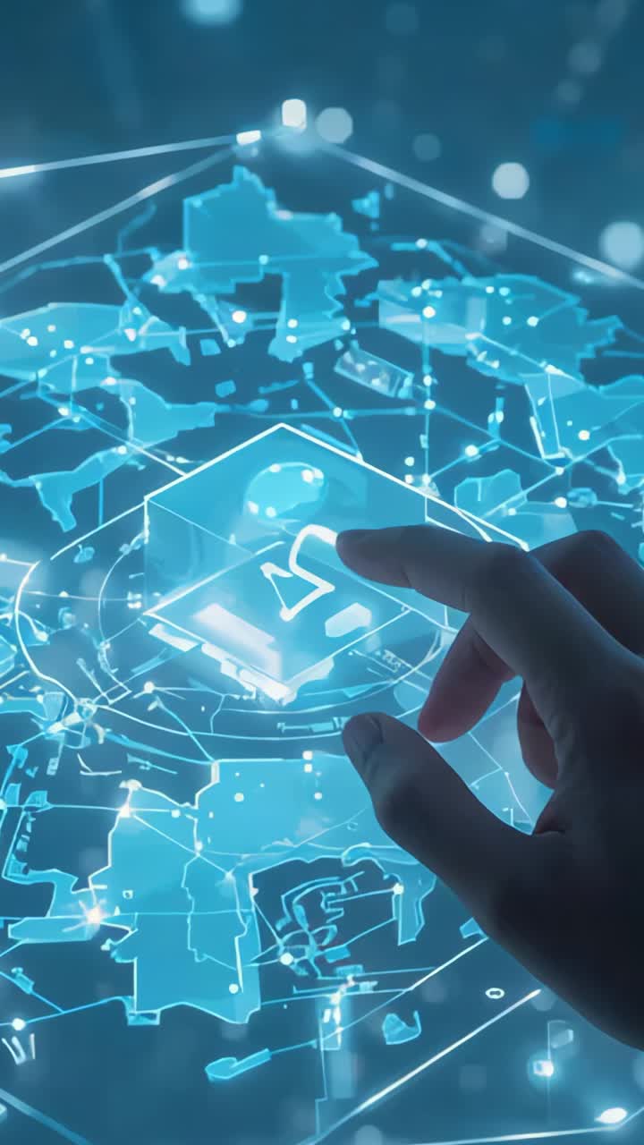 Vertical video: Pressing central cube with finger at table, activating holographic map pulsing grid