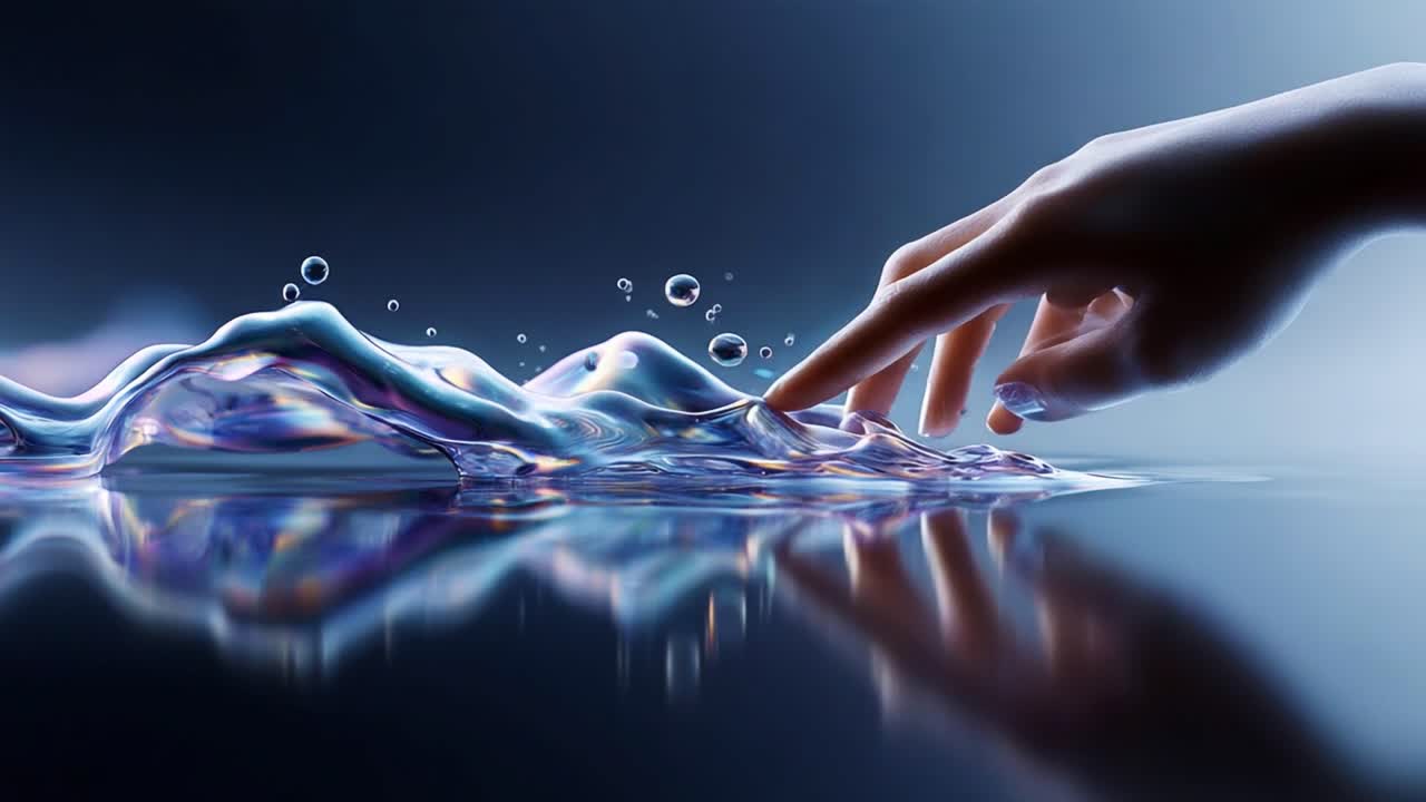 A Captivating Interaction with Fluid Dynamics: An Ethereal Hand Touching the Surface of Water Creating Ripples and Bubbles in a Dreamlike Setting with Reflections