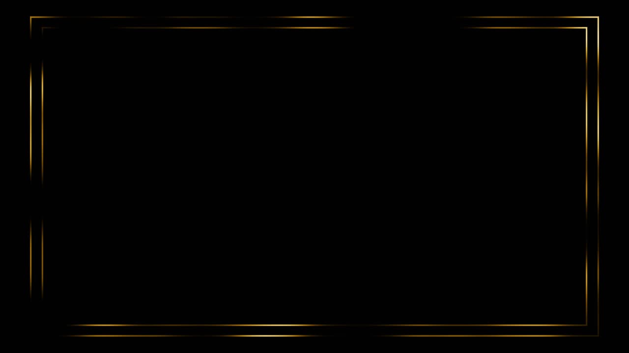 Golden square rectangle frame portal with glowing golden sparkles and glitter particles bokeh black
