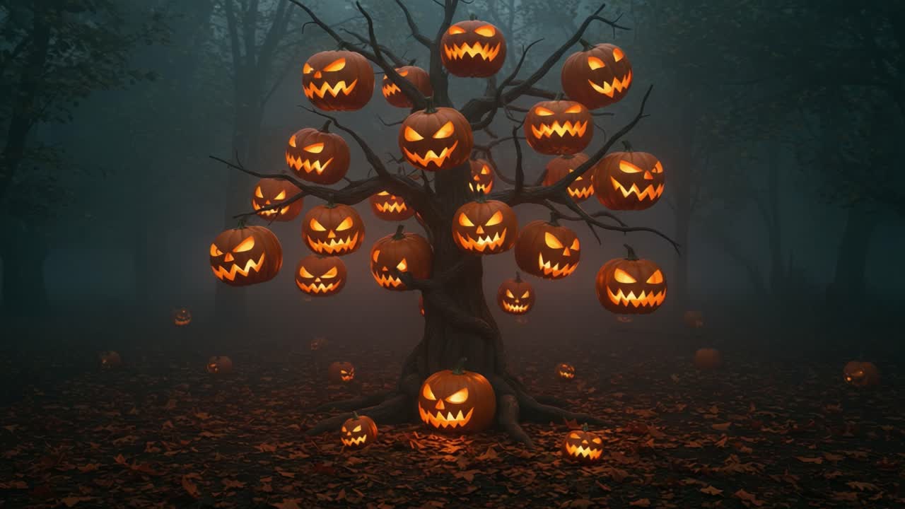 A Spooky Halloween Tree Adorned with Grinning Jack-o'-Lanterns Illuminates the Shadowy Forest, Creating an Eerie Atmosphere Perfect for the Season