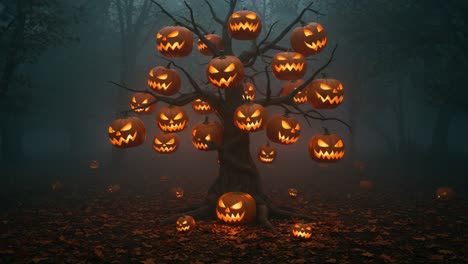 a spooky halloween tree adorned with grinning jack-o'-lanterns illuminates the shadowy forest, creating an eerie atmosphere perfect for the season