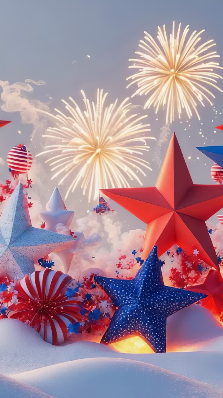 Vertical video: Launching fireworks lighting stars and ornaments at dusk with smoke plumes drifting